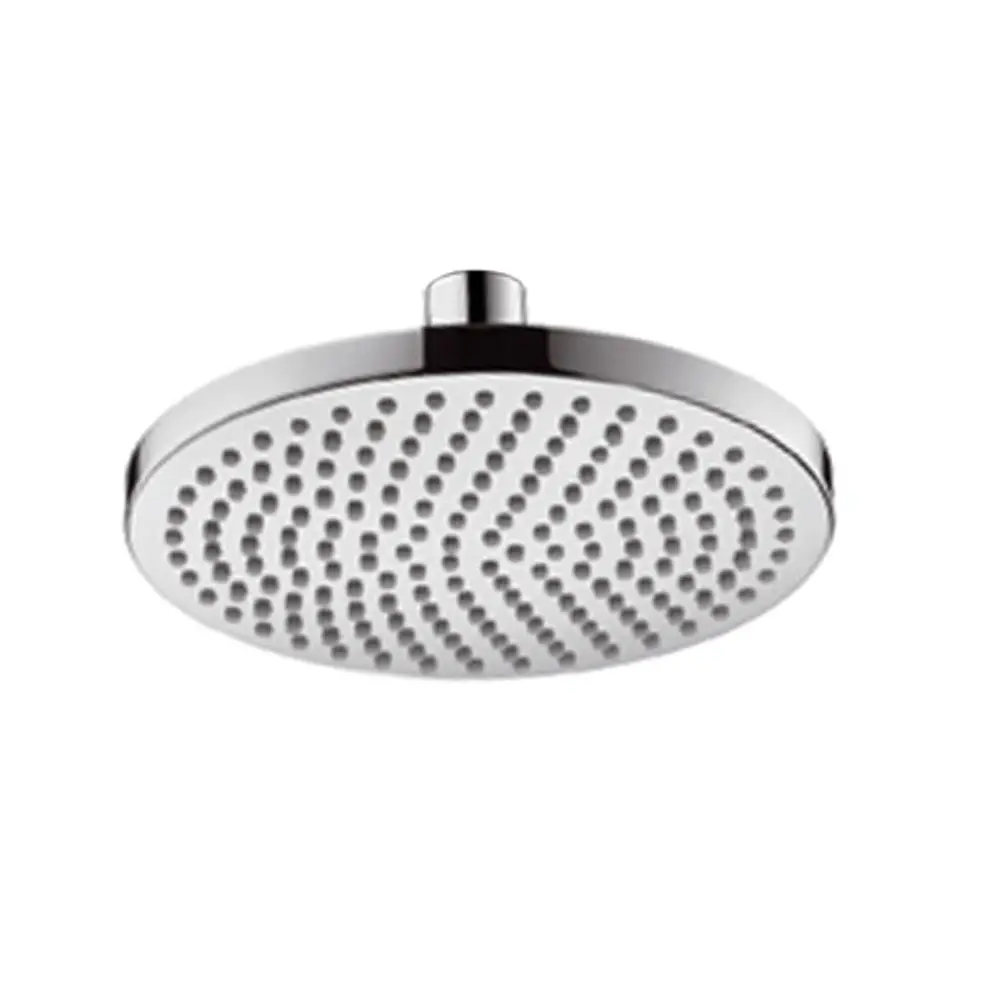 Runder Duschkopf in Chromoptik mit symmetrischem Muster auf der Oberfläche. Produkt von Hansgrohe. Ideal für die Montage an einer Duscharmatur.
